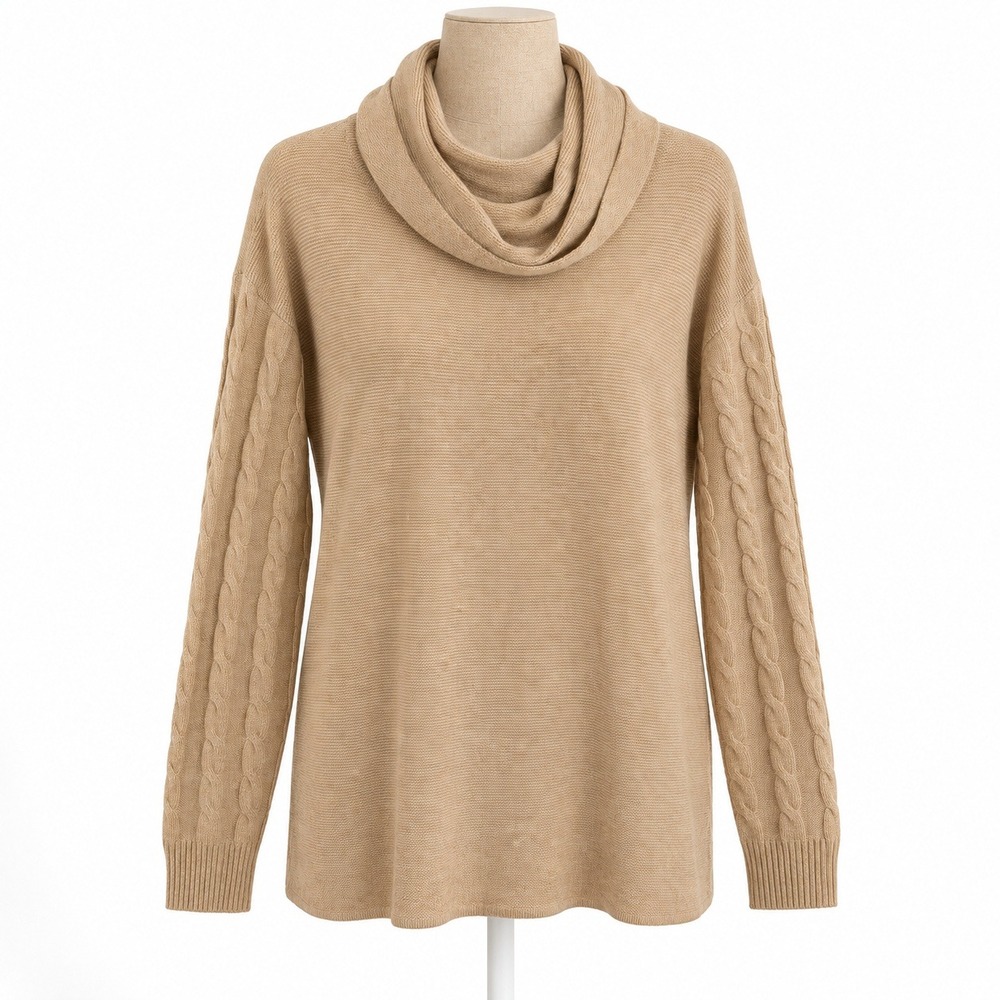 Talbots 100% Cashmere Cowl Neck Sweater Size L Brown Cable Knit Sleeve Luxury